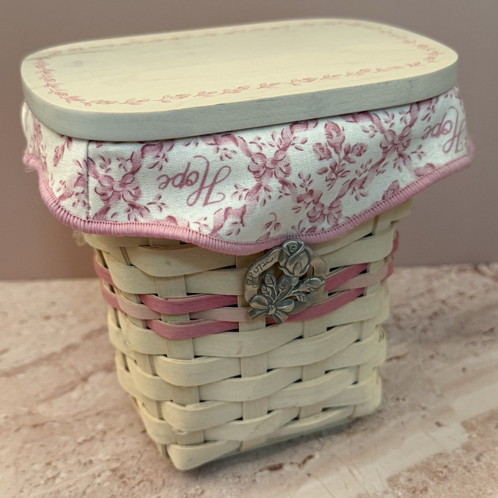 Longaberger 2004 Horizon of Hope Basket Pink Floral Liner Wood Lid Pewter Charm